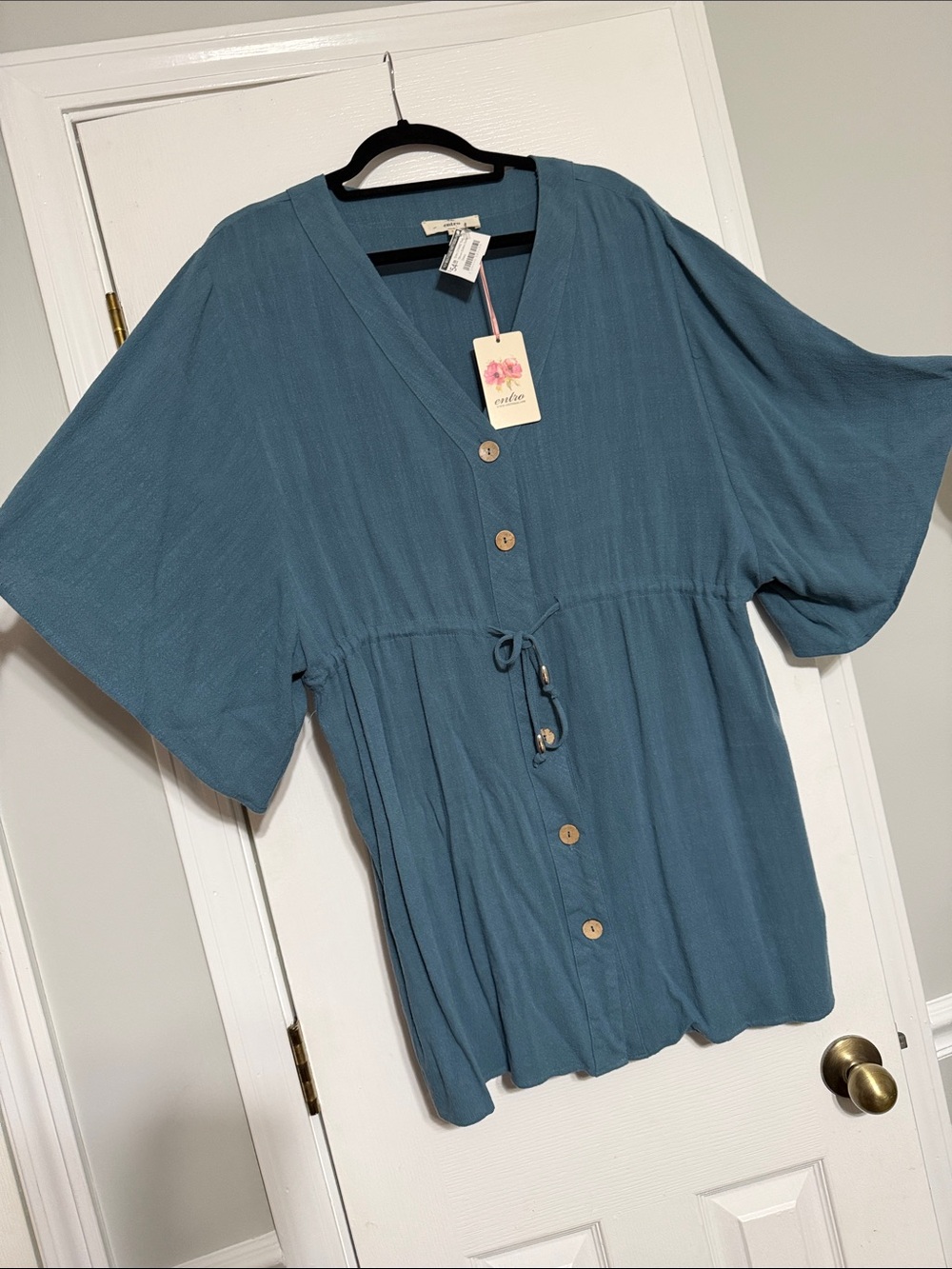 Entro Teal Button-Front V-Neck Tunic Dress with Drawstring